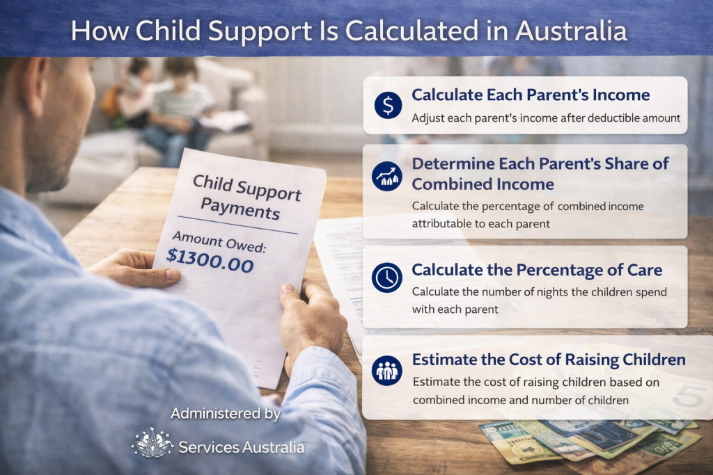 Child support calculation process in Australia = this image shows a man look at papers trying to figure out how is child support calculated in australia